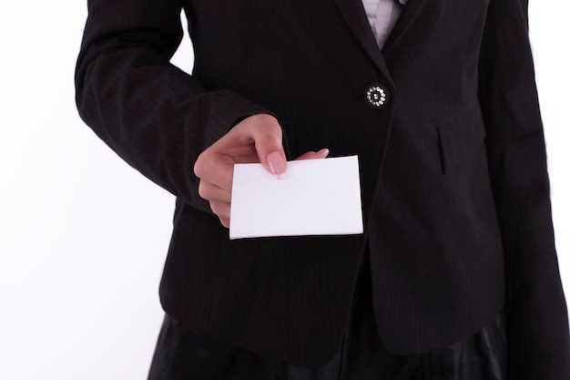 Businesswoman showing a blank business card to you