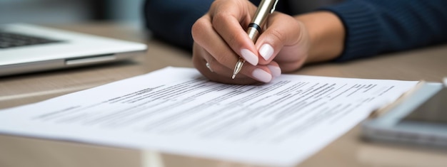 Foto donna d'affari che firma il documento formale del contratto ufficiale primo piano creato con tecnologia ai generativa