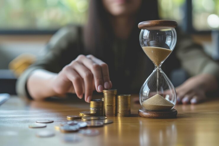 A Businesswoman sitting on desk concept with coins growth and collecting and saving