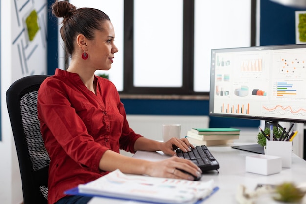 Businesswoman sitting at desk in startup office typing business data. Smiling startup manager in red shirt looking at charts on computer monitor. Entrepreneur with clipboard analyzing graph and data.