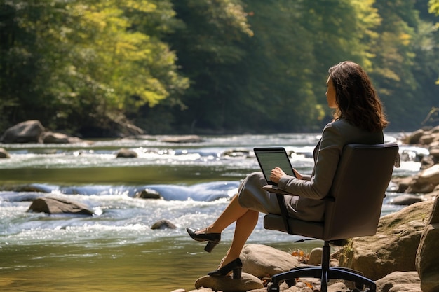 Businesswoman sitting next to a river and working long view