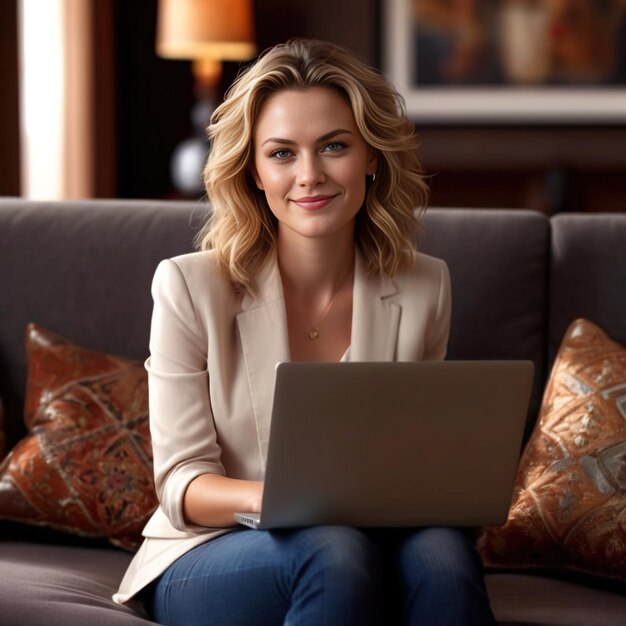 Photo businesswoman sitting on sofa with laptop smilingcinematic photo of hyperrealistic raw analog pho