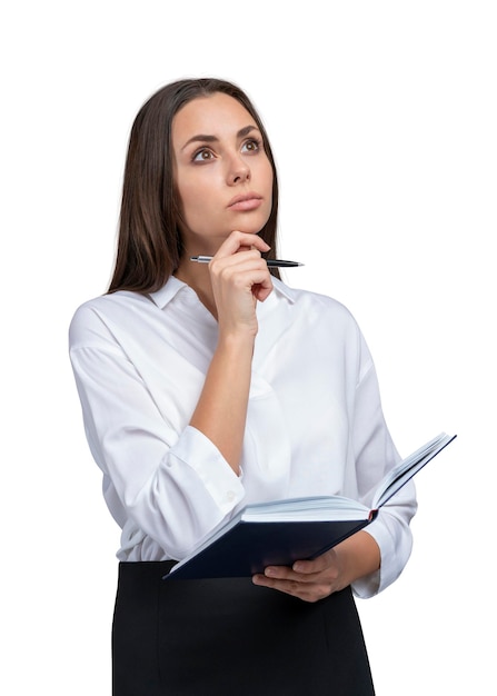 Businesswoman in skirt with notebook isolated over white background