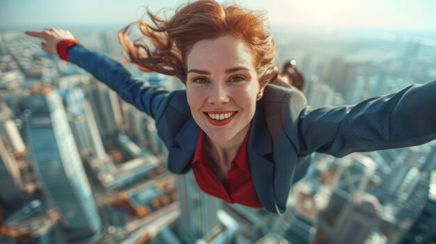 Photo businesswoman soaring above city with joyous expression