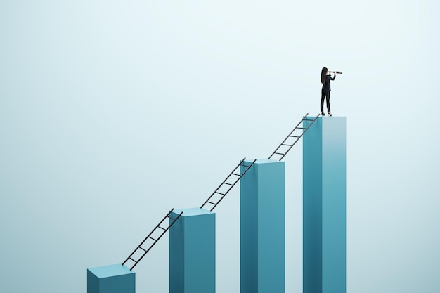 businesswoman standing atop a bar chart holding a telescope symbolizing vision and success