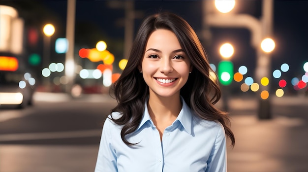 Businesswoman standing blurry smile behind streetlight generative ai