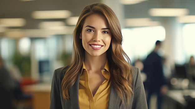 사업가 여성은 능숙하고 미소 짓고 사무실에 서 있습니다.