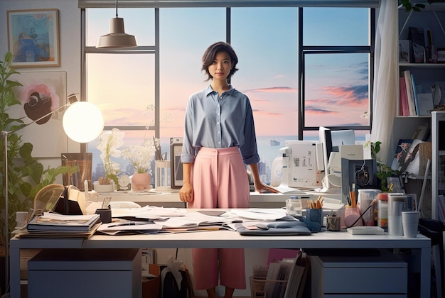 Businesswoman standing in front of a desk in an office