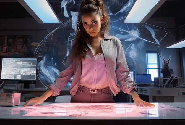 Businesswoman standing in front of a desk in an office