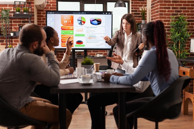 Businesswoman standing in front on monitor explaining management statistics working at business presentation in startup company office. Diverse businessteam brainstorming project ideas