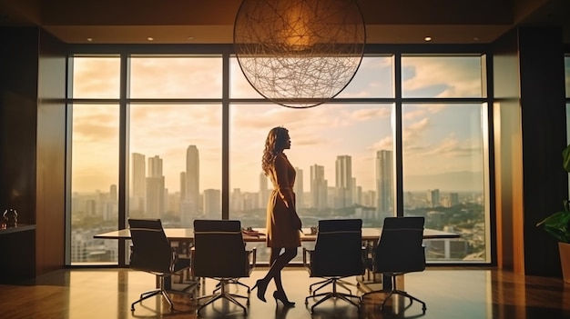 Businesswoman standing at the window in modern conference room