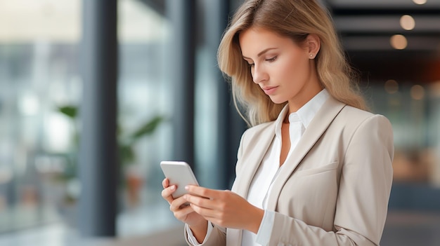 Photo businesswoman in a suit using a mobile smartphone communicate generative ai