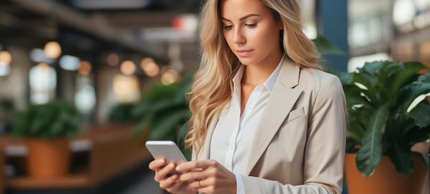 Businesswoman in a suit using a mobile smartphone Communicate Generative Ai