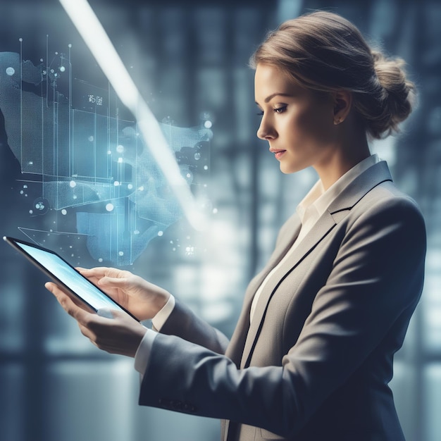 businesswoman in suit using tablet to protect information