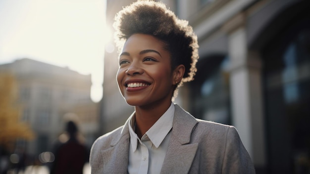 Businesswoman taking a break from work stepping outside for fresh air smiling Generative AI image