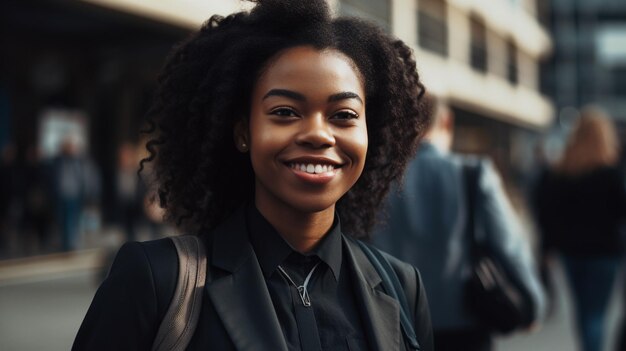 Businesswoman taking a break from work stepping outside for fresh air smiling Generative AI image