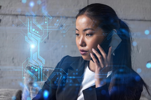 Businesswoman talking phone and binary technology hologram Double exposure Security network concept