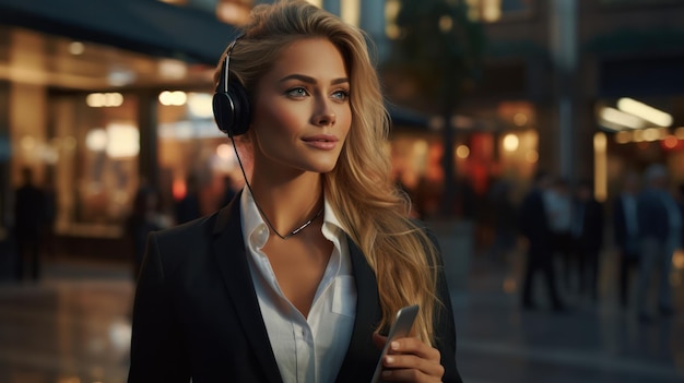 A businesswoman talking on a smartphone in a city