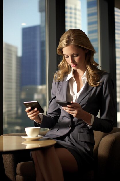 Photo businesswoman text messaging in an office a