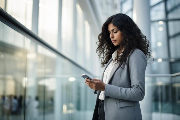 Businesswoman text messaging on smart phone while standing by glass wall