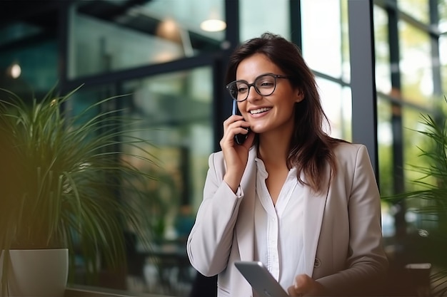 Businesswoman texting on mobile phone in office lobby