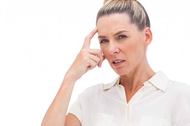 Businesswoman thinking with hand on forehead