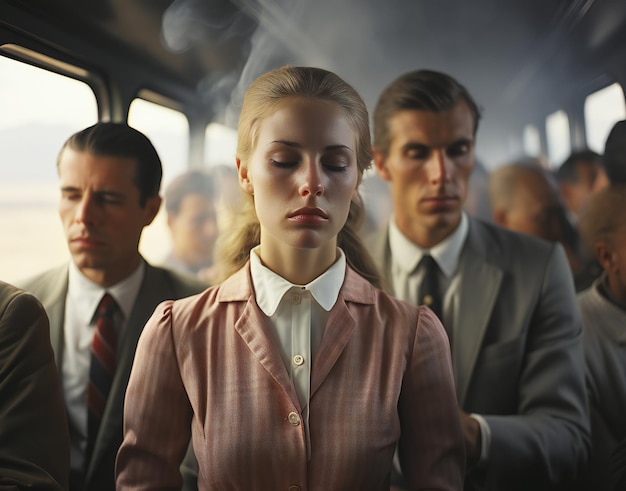 Businesswoman in a train looking at the camera with her colleagues in the background