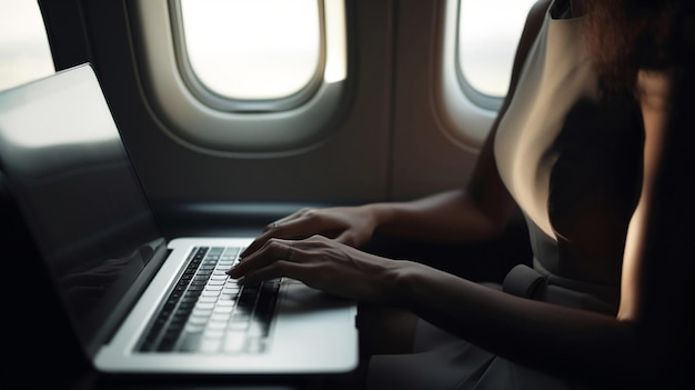 Деловая женщина, путешествующая на самолете, сидит у окна и печатает на своем ноутбуке на коленях