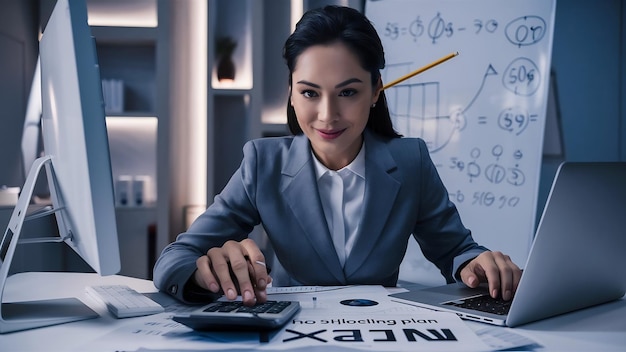 Businesswoman using calculator and laptop computer analysis maketing plan accountant calculate fina