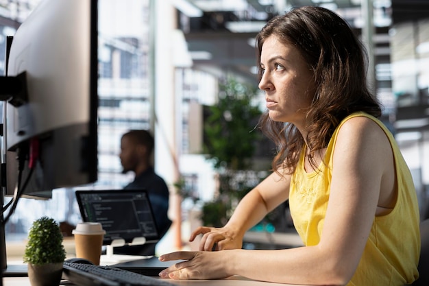 businesswoman using computer to troubleshoot company issues
