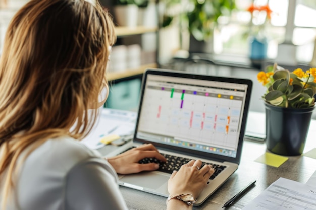 businesswoman using a laptop to manage schedules with a calendar on the screen