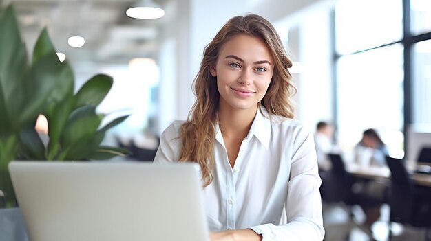 Businesswoman using laptop at office