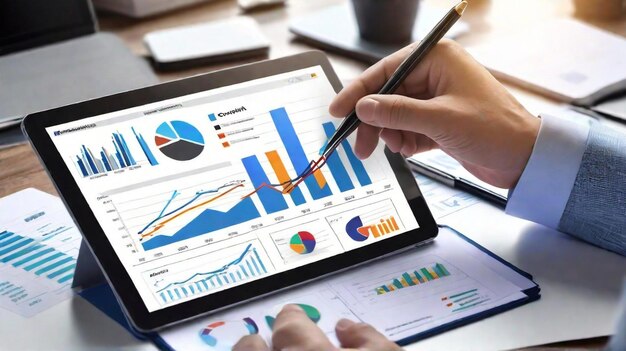 Foto imprenditrice che utilizza un tablet per analizzare graficamente la strategia finanziaria dell'azienda, le statistiche, il concetto di successo