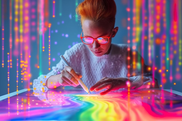 Фото Бизнесменка с помощью планшета и светящейся ручки рисует текущую радугу с экрана планшета