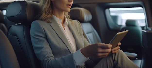 Photo businesswoman using tablet computer while driving in the car at nightgenerative ai