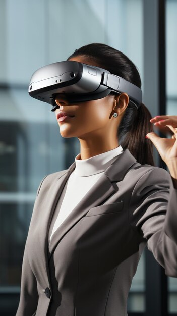 Businesswoman using virtual reality headset