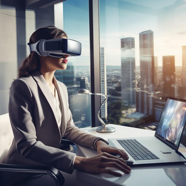 Businesswoman using virtual reality woman working on laptop in office