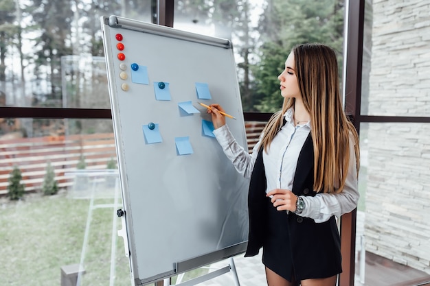 Businesswoman using white desk for planning new program for her workers.