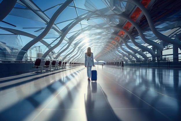 Foto donna d'affari in attesa di imbarcarsi in aereo all'aeroporto
