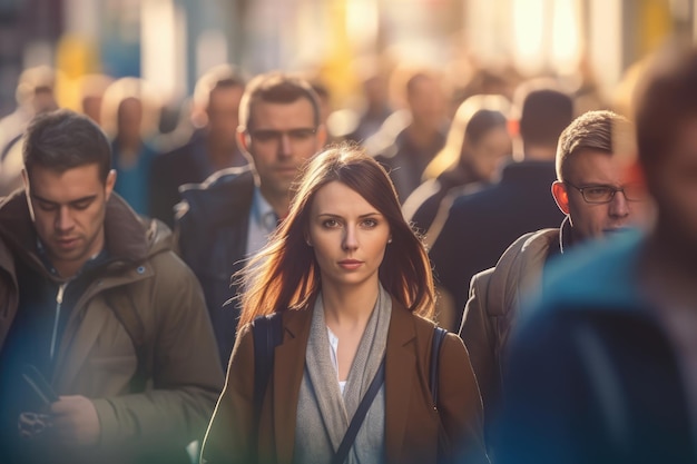 Businesswoman walking on busy street moving quickly through downtown