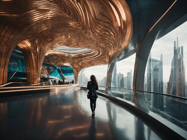 Foto donna d'affari che cammina all'interno di un futuristico edificio per uffici rendering 3d