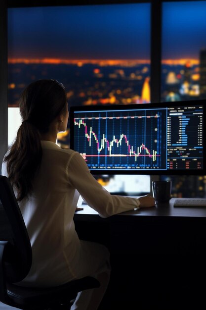 Businesswoman watching stock exchange report at office