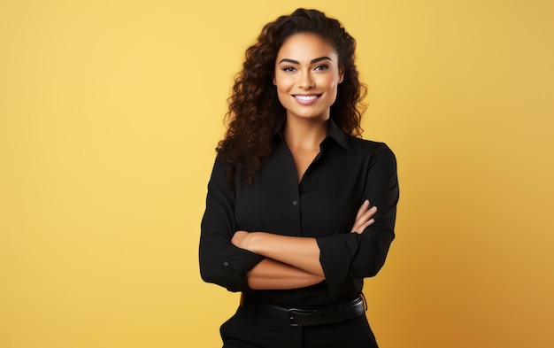 Photo businesswoman wearing black suit with crossed arm isolated on yellow background