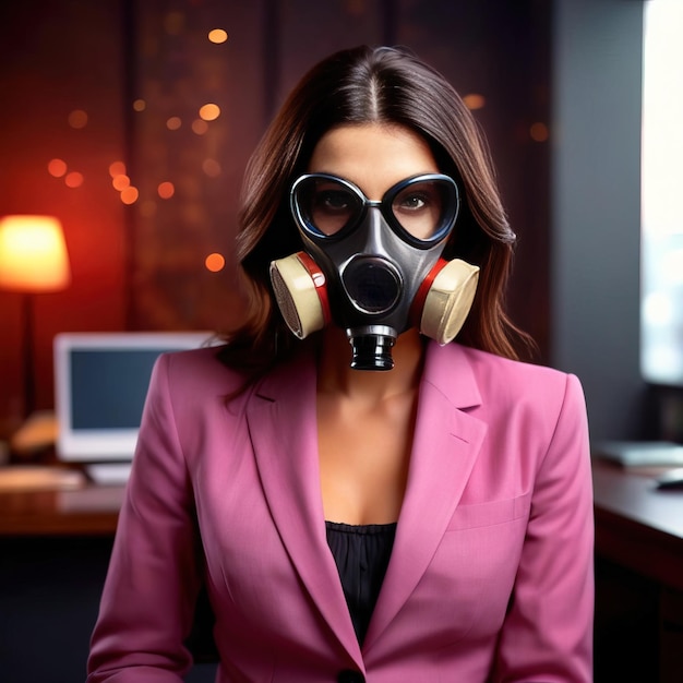 Photo businesswoman wearing gas mask to protect herself from the toxic environment in her office workplace