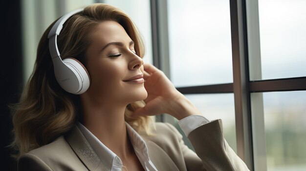 Businesswoman wearing headphones listens to music and relaxes sitting on a chair near window in the office Created with Generative AI technology