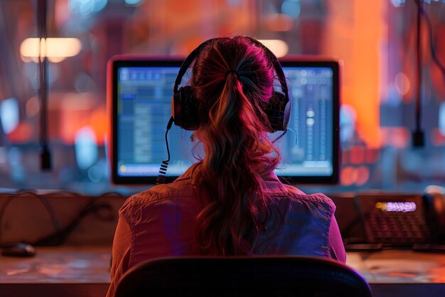 Photo businesswoman wearing headset at desk