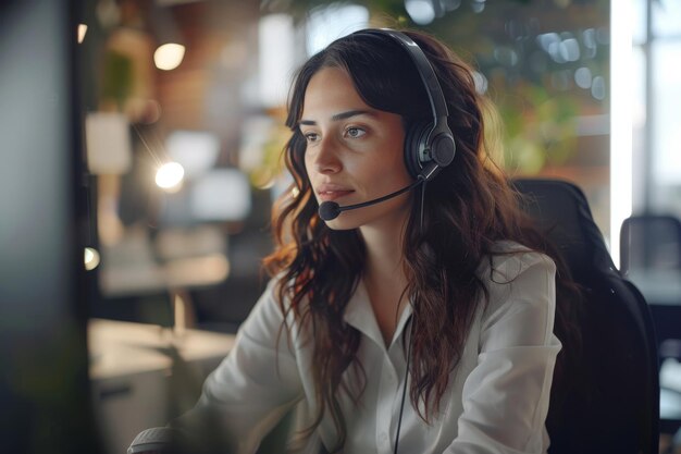 Businesswoman wearing a headset while working on a computer in an office Support staff Call center