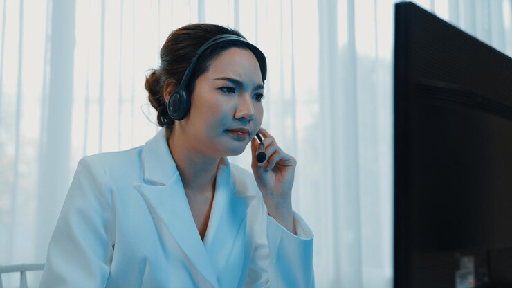 Photo 戴耳機的女商人在vivancy辦公室工作