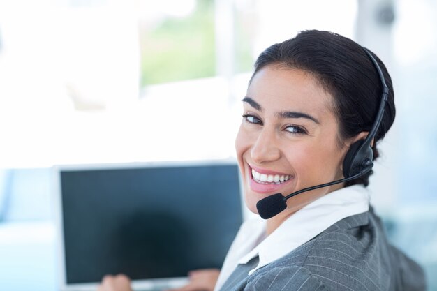 Businesswoman wearing a work headset