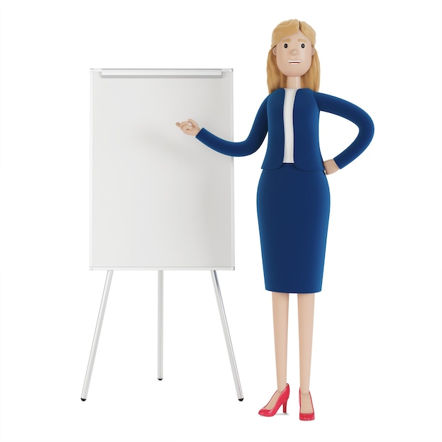 Businesswoman with blank flipchart. Woman in business clothes, employee of the company. 3d illustration in cartoon style.